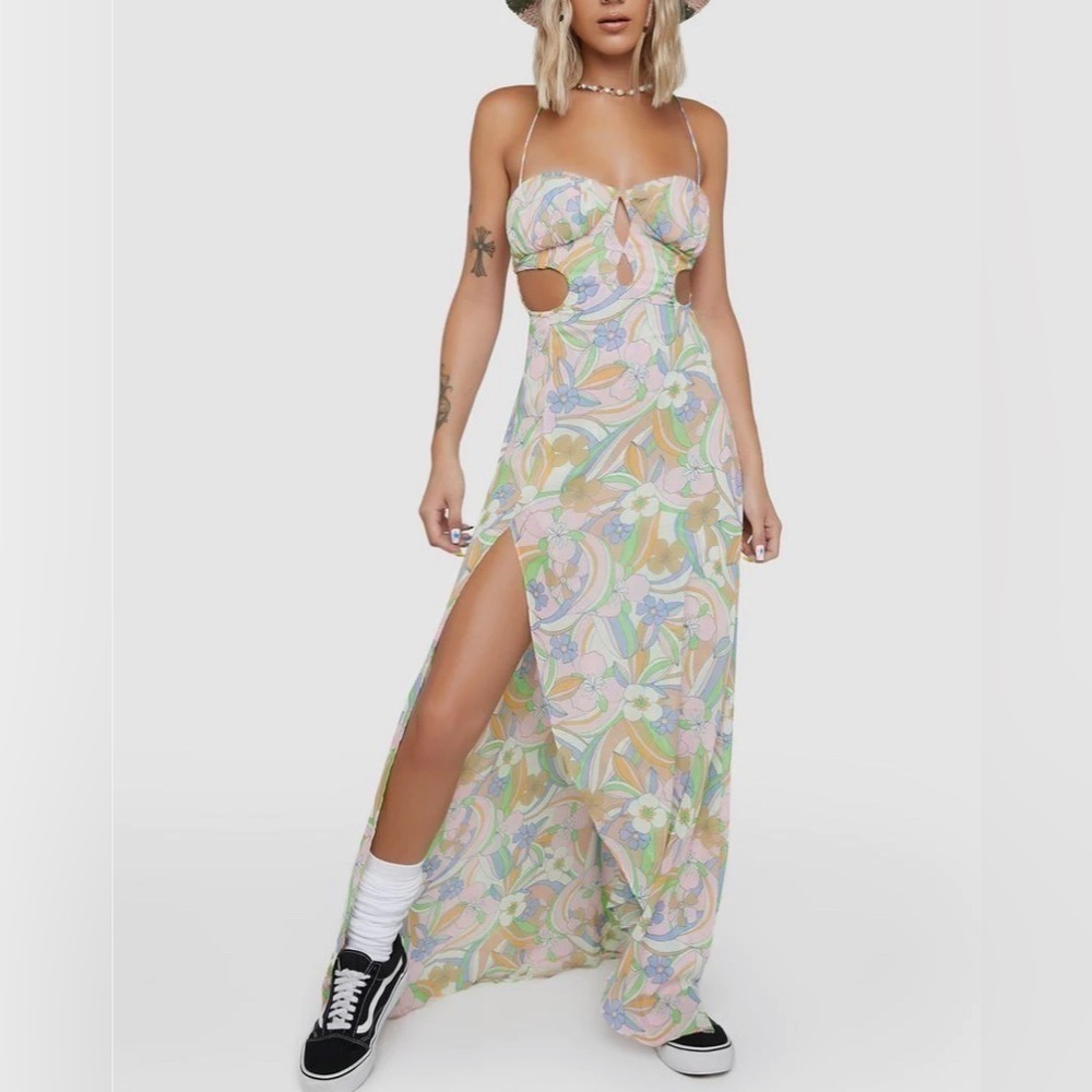 For Love & Lemons Pastel Floral Cutout Maxi Dress
